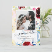 PixDezines Aquarellfarben Blume Burgundy+Blue Einladung (Stehend Vorderseite)