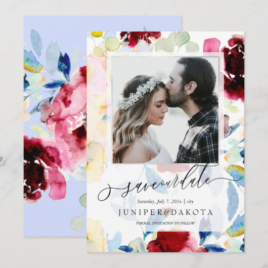 PixDezines Aquarellfarben Blume Burgundy+Blue Einladung (Vorne/Hinten)