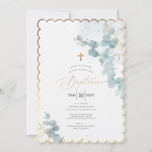 PixDezines Baptême d'Eucalyptus Rustique Aquarelle Einladung (Vorderseite)