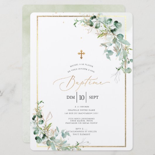 PixDezines Baptême d'Eucalyptus Rustique Aquarelle Einladung (Vorne/Hinten)