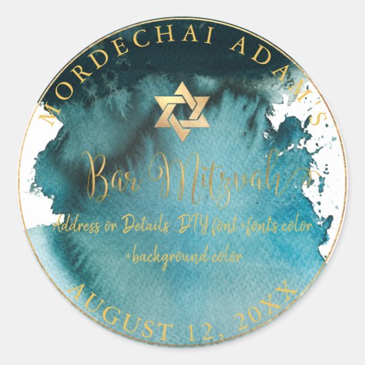 PixDezines Bar Mitzvah Aquamarin Grüne Wasserfarbe Runder Aufkleber (Vorderseite)