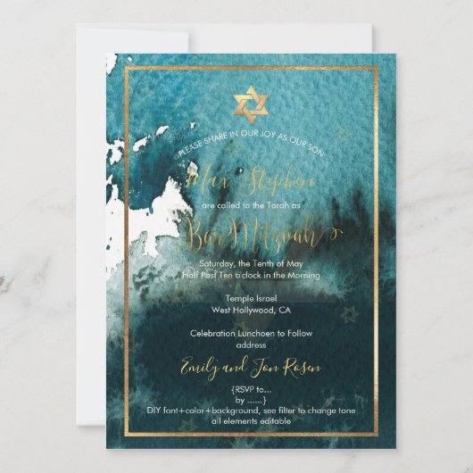 PixDezines Bar Mitzvah FotoTeal Grüne Wasserfarbe Einladung (Rückseite)