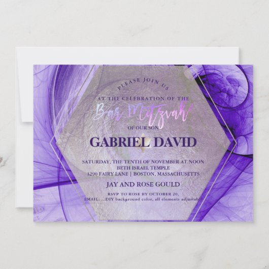 PixDezines Bar Mitzvah Silver/Ultra Violet Fraktal Einladung (Rückseite)
