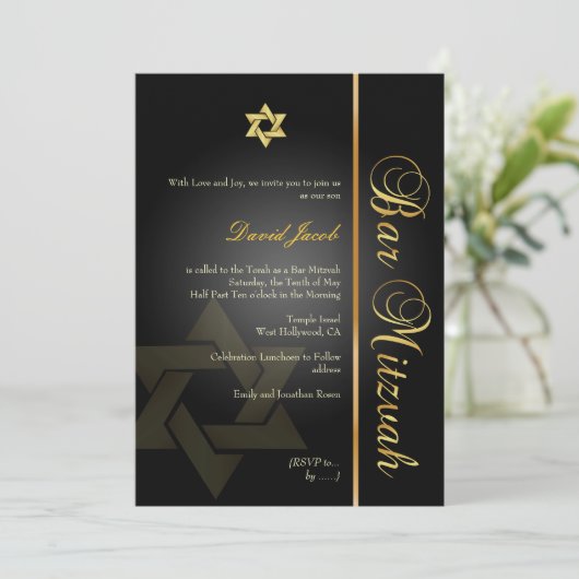 PixDezines BAR MITZVAH/STAR DAVID/GOLD+BLACK Einladung (Stehend Vorderseite)