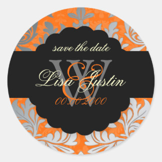 PixDezines Baroque Damask/Imitate Silber+Orange Runder Aufkleber