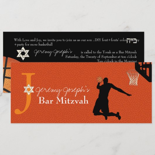 ✡ PixDezines Basketball Bar Mitzvah Einladung (Vorne/Hinten)