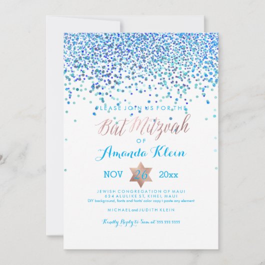 PixDezines Bat Mitzvah/Blue/Aqua/Aquamarin/Confett Einladung (Vorderseite)