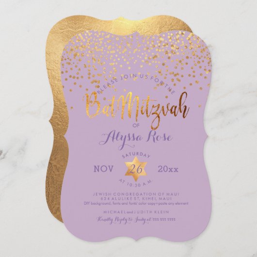PixDezines Bat Mitzvah/Imitats Gold Confetti Einladung (Vorne/Hinten)