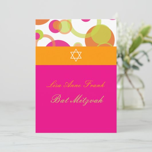 PixDezines Bat Mitzvah+Mod Blasen/orange/heißen Ro Einladung (Stehend Vorderseite)