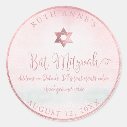 PixDezines Bat Mitzvah Pink Wasserfarbe Runder Aufkleber (Vorderseite)