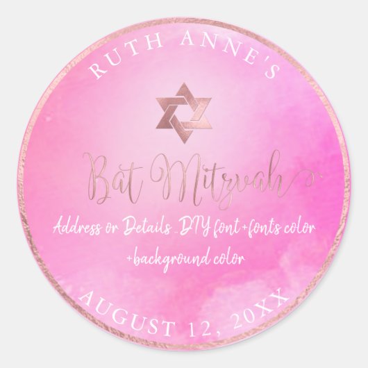 PixDezines Bat Mitzvah Pink Wasserfarbe Runder Aufkleber (Vorderseite)