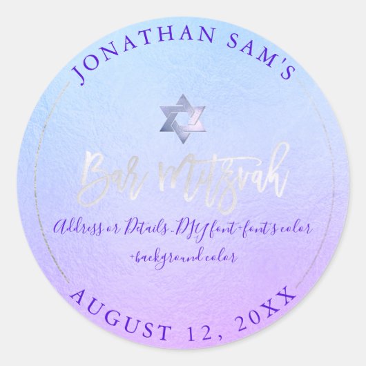 PixDezines Bat Mitzvah, Platin+Electric Lila Runder Aufkleber (Vorderseite)