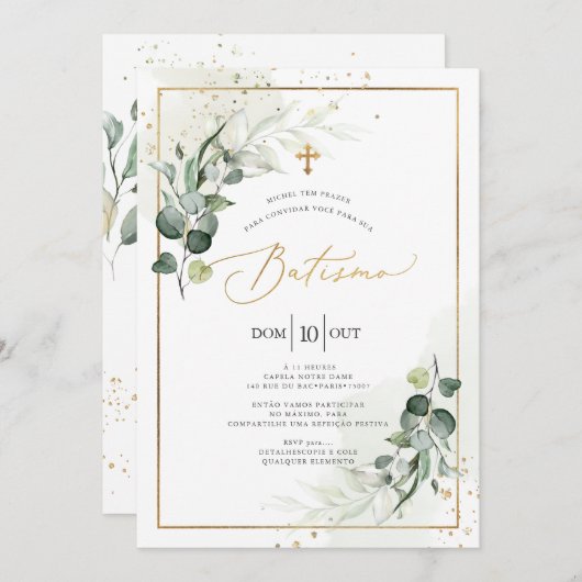 PixDezines Batismo de eucalipto rústico em aquarel Einladung (Vorne/Hinten)