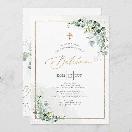 PixDezines Batismo de eucalipto rústico em aquarel Einladung (Vorne/Hinten)