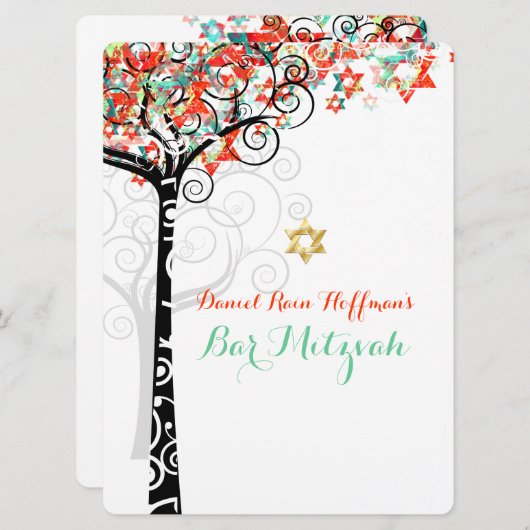 PixDezines-Baum des Lebens mitzvah/aquamarin/orang Einladung (Vorne/Hinten)