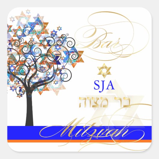 PixDezines-Baum des Lebens+Sterne/Bar Mitzvah Quadratischer Aufkleber (Vorderseite)