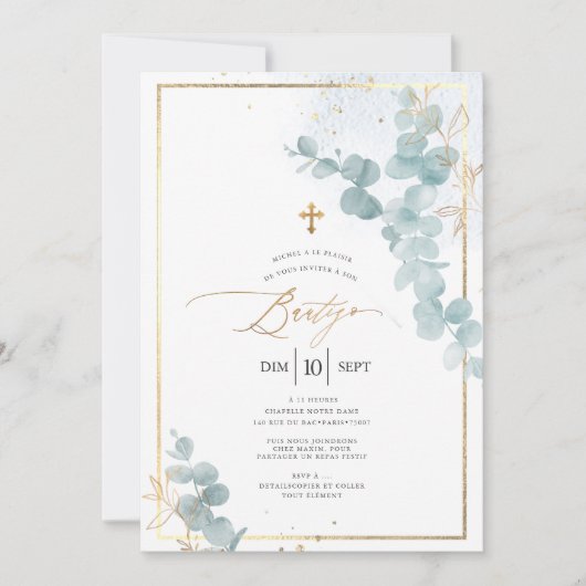 PixDezines Bautizo Eucalipto Rústico Acuarela Einladung (Vorderseite)