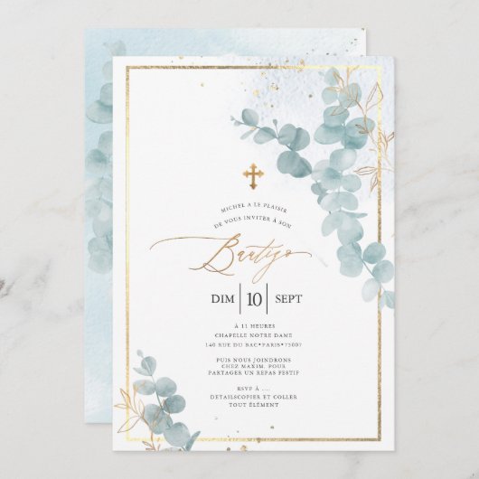 PixDezines Bautizo Eucalipto Rústico Acuarela Einladung (Vorne/Hinten)