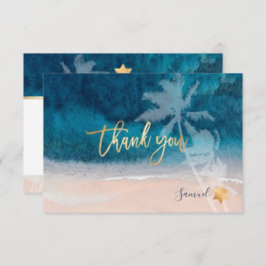 PixDezines Beach Palm Trees Bar Mitzvah Vielen Dan Einladung (Vorne/Hinten)