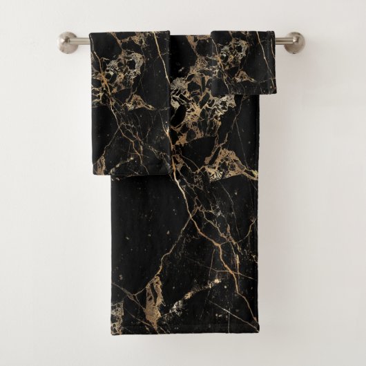 PixDezines BLACK MARBLE+IMITATS GOLD VEINS Badhandtuch Set (Insitu)