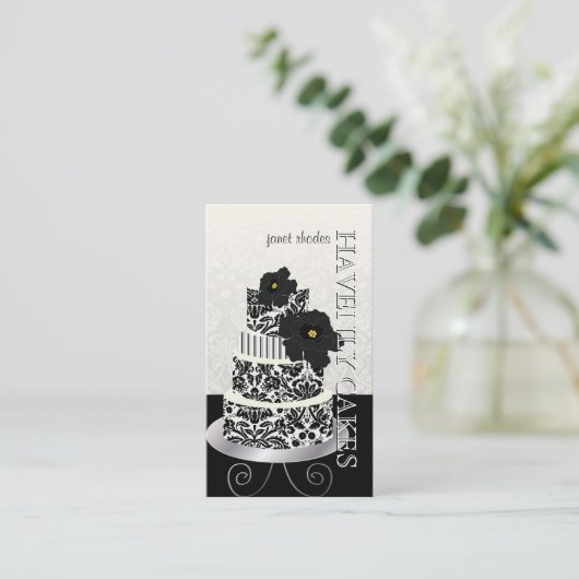 PixDezines Black+White Damask Kuchen/Pâtisserie Visitenkarte (Stehend Vorderseite)