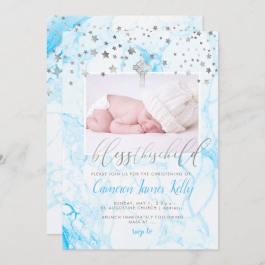 PixDezines BLESS DIESES KIND, IMITAT SILVER+MARBLE Einladung (Vorne/Hinten)