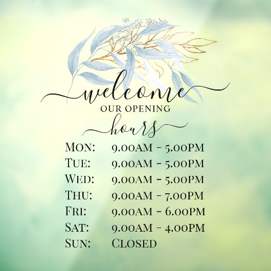 PixDezines Blue Gum Eucalyptus Sprig Store Hours Fensteraufkleber (Blatt 3)