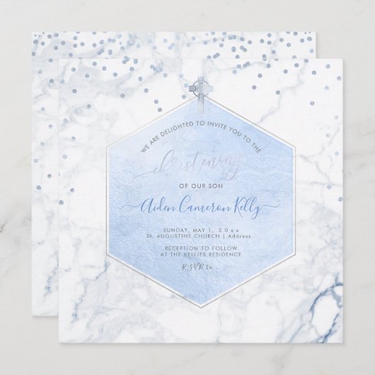 PixDezines Blue Honeycomb Marble Christening Einladung (Vorne/Hinten)