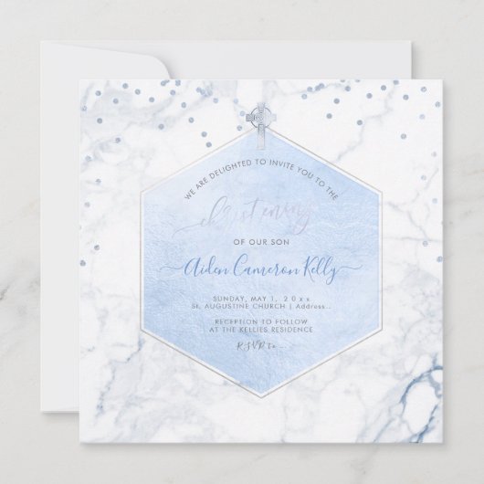 PixDezines Blue Honeycomb Marble Christening Einladung (Vorderseite)