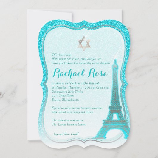 PixDezines Blue Imitats Glitzer Eiffelturm/Mitzvah Einladung (Rückseite)