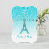 PixDezines Blue Imitats Glitzer Eiffelturm/Mitzvah Einladung (Stehend Vorderseite)