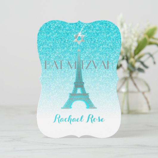 PixDezines Blue Imitats Glitzer Eiffelturm/Mitzvah Einladung (Stehend Vorderseite)