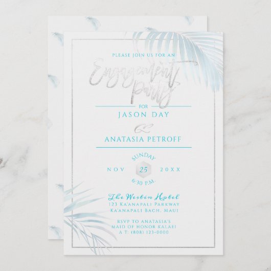 PixDezines Blue+Silver Palms, Engagement Party Einladung (Vorne/Hinten)