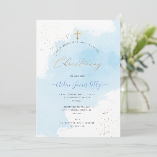 PixDezines Blue Watercolor Confetti Christening Einladung (Stehend Vorderseite)