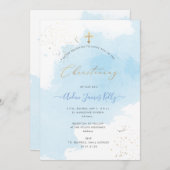 PixDezines Blue Watercolor Confetti Christening Einladung (Vorne/Hinten)