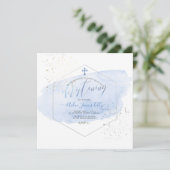 PixDezines Blue Watercolor+Honeycomb Christening Einladung (Stehend Vorderseite)
