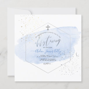 PixDezines Blue Watercolor+Honeycomb Christening Einladung