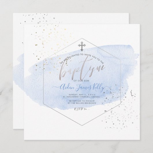 PixDezines Blue Watercolor+Honeycomb Taufe Einladung (Vorne/Hinten)