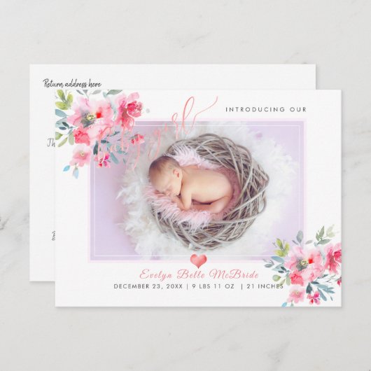 PixDezines Blume+Baby Girl, Imitate Foil Script Ankündigungspostkarte (Vorne/Hinten)