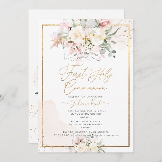 PixDezines Blush Alabaster Rose Kommunion Einladung (Vorne/Hinten)