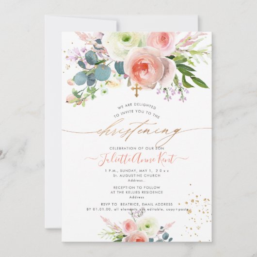 PixDezines Blush Aquarellpeonies Christening Einladung (Vorderseite)