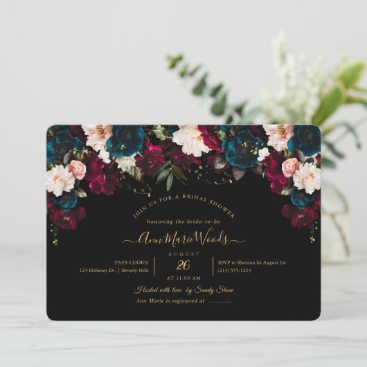 PixDezines Blush Burgundy Aquamarines Brautparty I Einladung (Stehend Vorderseite)