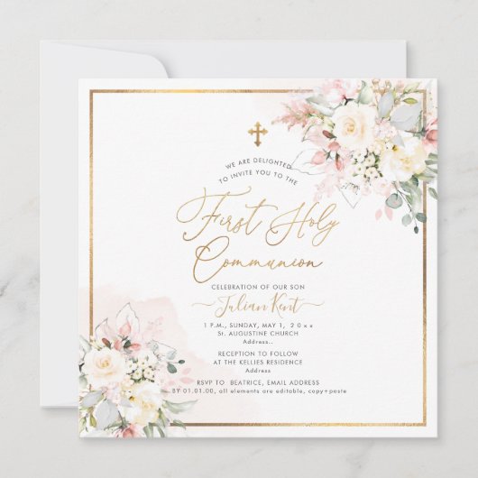 PixDezines Blush Cream Rose Erste Heilige Kommune Einladung (Vorderseite)