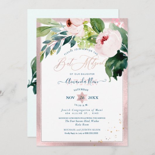 PixDezines Blush Floral Wasserfarbe Bat Mitzvah Einladung (Vorne/Hinten)