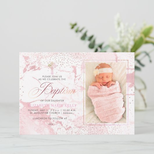 PixDezines Blush Marmor+Confetti/Taufe Einladung (Stehend Vorderseite)