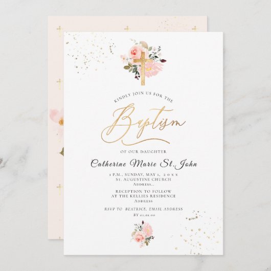 PixDezines Blush Pink Aquarell Rose Taufe Einladung (Vorne/Hinten)