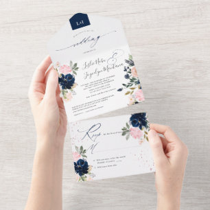 PixDezines Blush Pink Navy Blue Watercolor Flwrs All In One Einladung