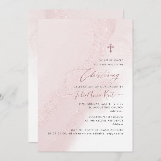 PixDezines Blush Pink Rose Gold Christening Einladung (Vorne/Hinten)