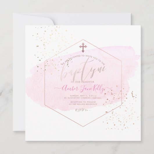 PixDezines Blush Wasserfarbe+Honeycomb Taufe Einladung (Vorderseite)