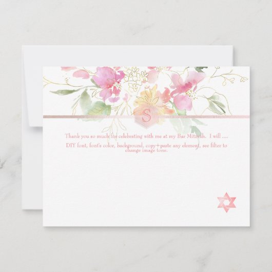 PixDezines Blushing Sweetpea Mitzvah Danke ✡ RSVP Karte (Rückseite)